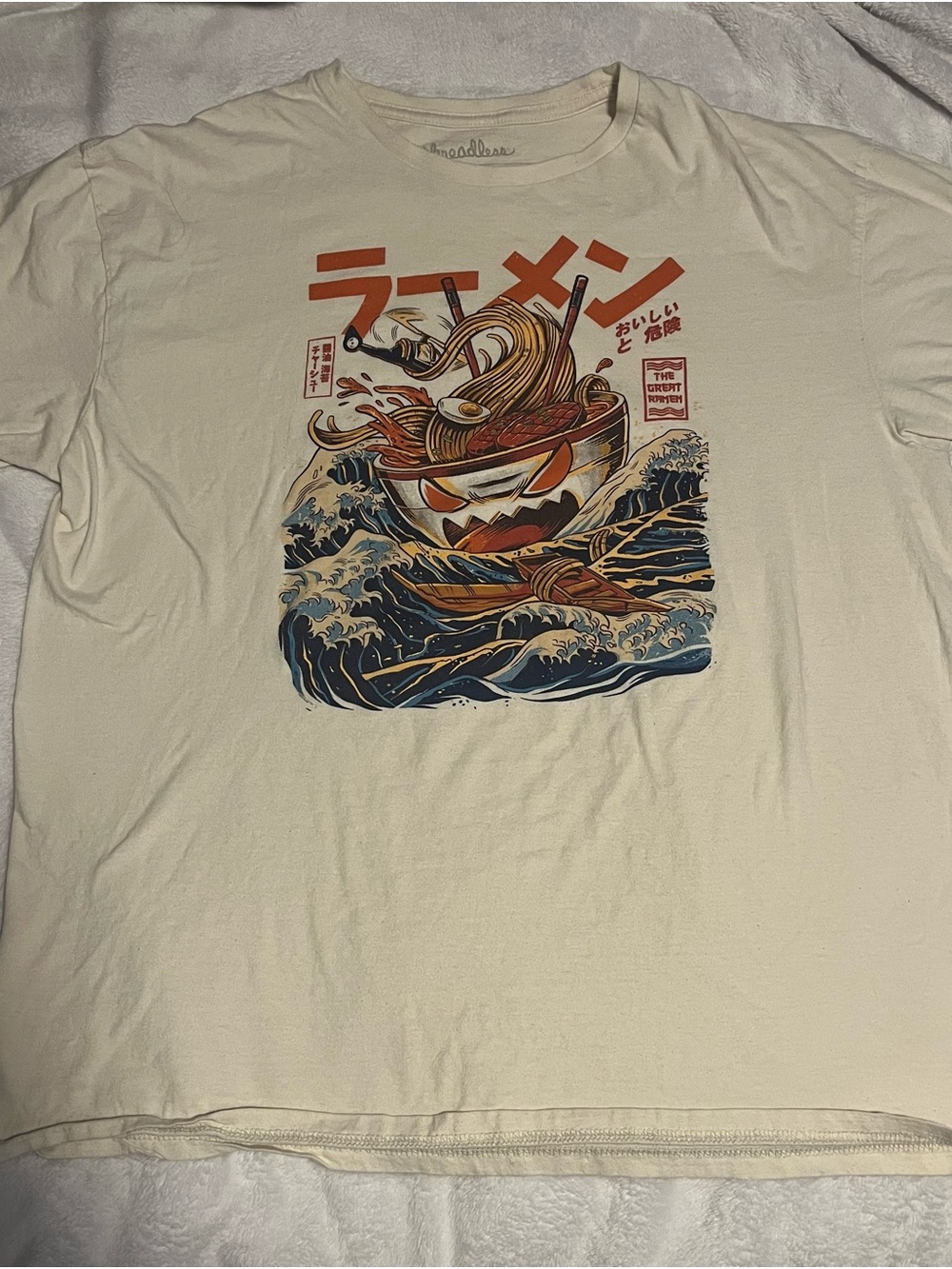 Threadless Cream Ramen Bowl Graphic Tee with Navy & Orange Art
